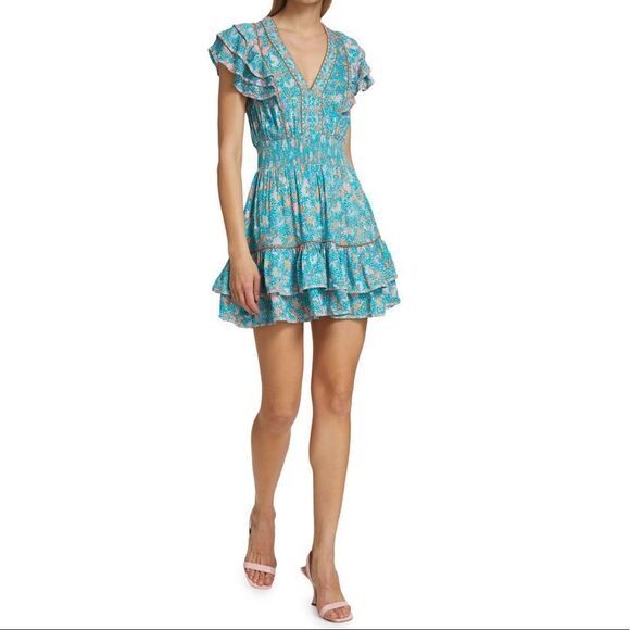 ✨NWT Poupette St Barth Camila Floral Duck Green Canary Ruffled Mini Dress - Picture 4 of 11